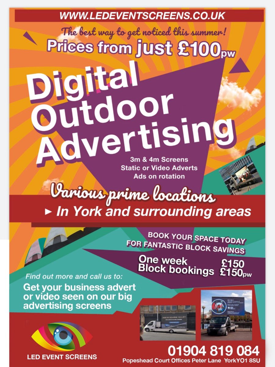 Ledeventscreen1's tweet photo. Put your Business on the Big Screen! 
Advertise your business in a unique and eye catching way, around city centre locations. 
Advertise a special offer, business location or be creative with your very own mini tv advert. 
Led Event Screens can make anything possible
#advertise https://t.co/IF1Rrxfj8X