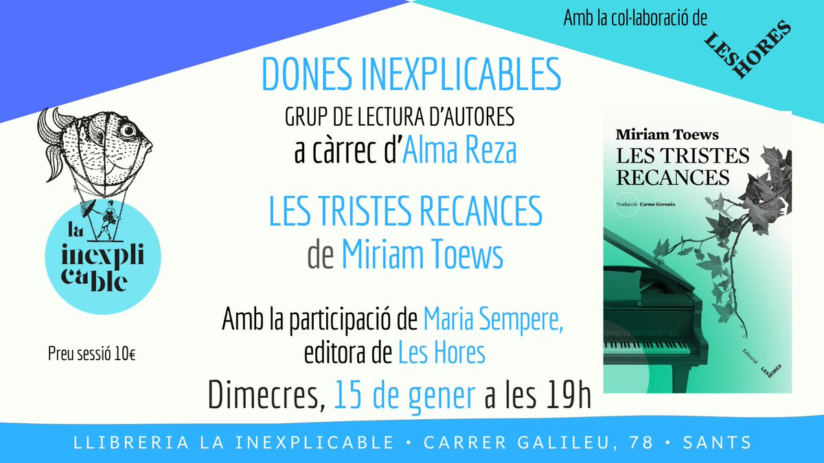 _LaInexplicable's tweet photo. Aquesta setmana a #Lainexplicable
📌Dimarts 14, 10.30h #EsmorzarsInexplicables amb 'Zona Zero' @NuriaBusquet @LaBreuEdicions
📌Dimecres 15, 19h #DonesInexplicables amb 'Les tristes recances' de Miriam Toews amb @almarezav @edleshores
#GrupdeLectura #Activitats #Llibreries https://t.co/LHJJRVkF0w