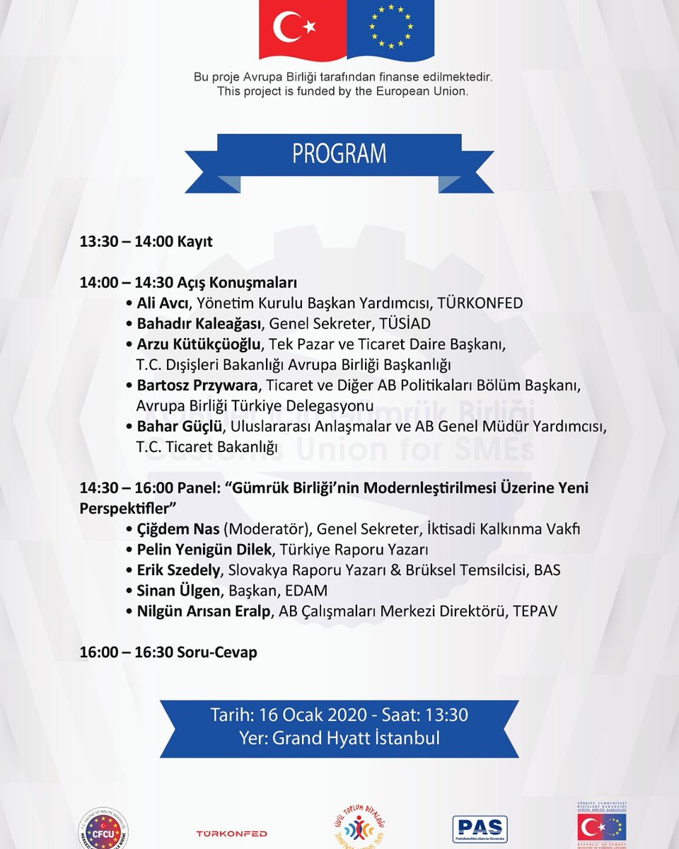 cuforsmes's tweet photo. "KOBİ'ler için Gümrük Birliği" kapanış toplantısına davetlisiniz! LCV için gsengun@turkonfed.org.
🗓 16 Ocak 2020
🕑 13:30-16:30
📍 Grand Hyatt Hotel, Istanbul
#siviltoplumdiyaloğu #kobileriçingümrükbirliği #gümrükbirliği #cuforsmes #siviltoplumsektörü https://t.co/mw8cCwjirc