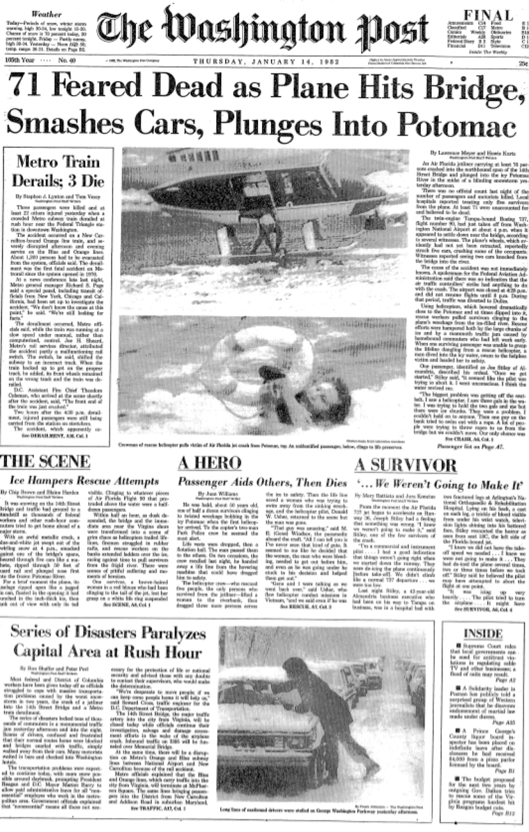 WashingtonViews's tweet photo. #OnThisDay in 1982 - the unimaginable/the unbelievable: The Crash into the icy Potomac River near by the 14th Street Bridge of Air Florida Flight 90 https://t.co/Zy3ioF6ZsA https://t.co/mt8T6KT4Is #Flight90 #AirDisasters #WashingtonDC #LennySkutnik https://t.co/hzohAMDVh6
