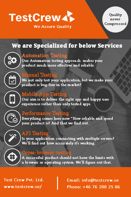 Tesstcrew's tweet image. Testcrew offers Software Testing Services in Sweden. You will get Quality Assurance Services from us.

Call Us : +46 76 288 25 86 | Email : info@testcrew.se
bit.ly/2NirKzd

#Softwaretestingservice #QualityAssuranceServices #QualityServices