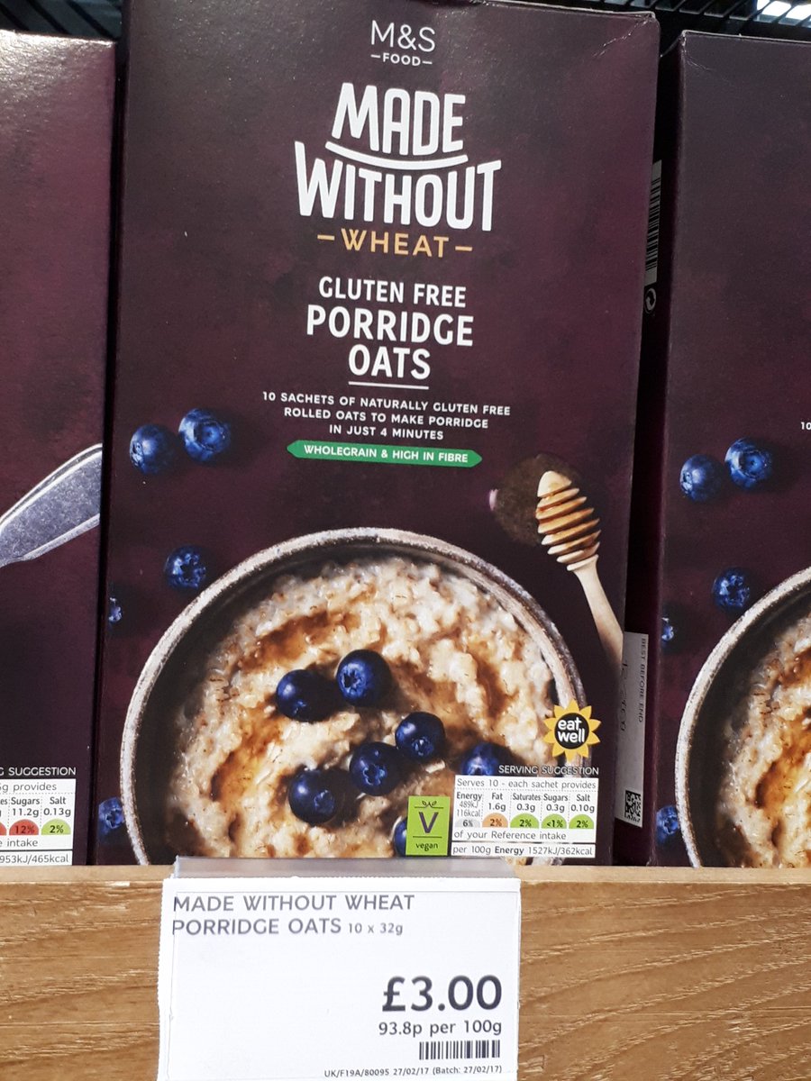 aNorthernGarden's tweet photo. Look at this ridiculousness @marksandspencer 'Made without wheat gluten free porridge oats'.
Of course they're gluten free, because they're oats, not wheat, ffs! And at 93.p/100g vs 30p/100g for ordinary (also gluten free) porridge oats. #RipOffAlert https://t.co/kBla29gUz5