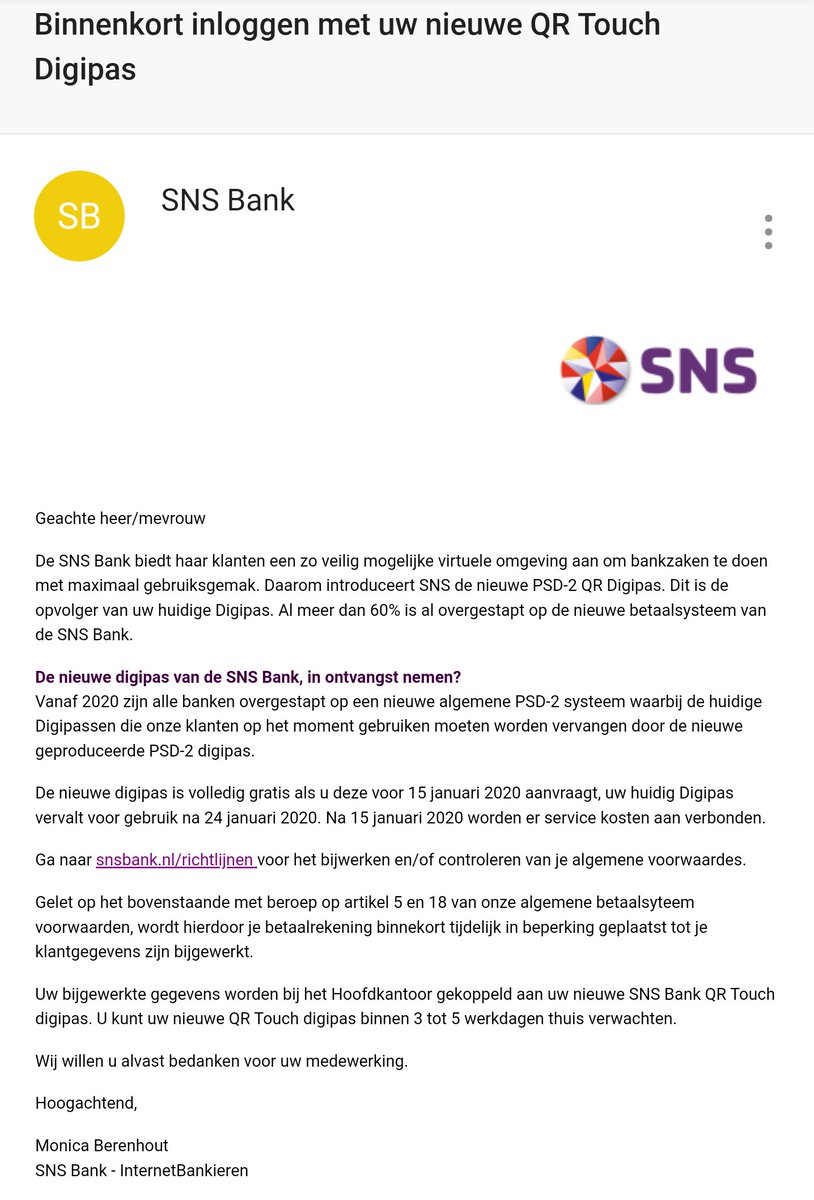 kassa_bnnvara's tweet photo. Pas op: Trap niet in deze phishingmail uit naam van @SNSBank. De boodschap 'Binnenkort inloggen met uw nieuwe QR Digpas' is nep. Klik niet op de link, gooi de mail weg! Bekijk het voorbeeld 👉🏽 https://t.co/2ZqbCKWKxU #KassaTV #phishing https://t.co/Zwq6ku9fOz