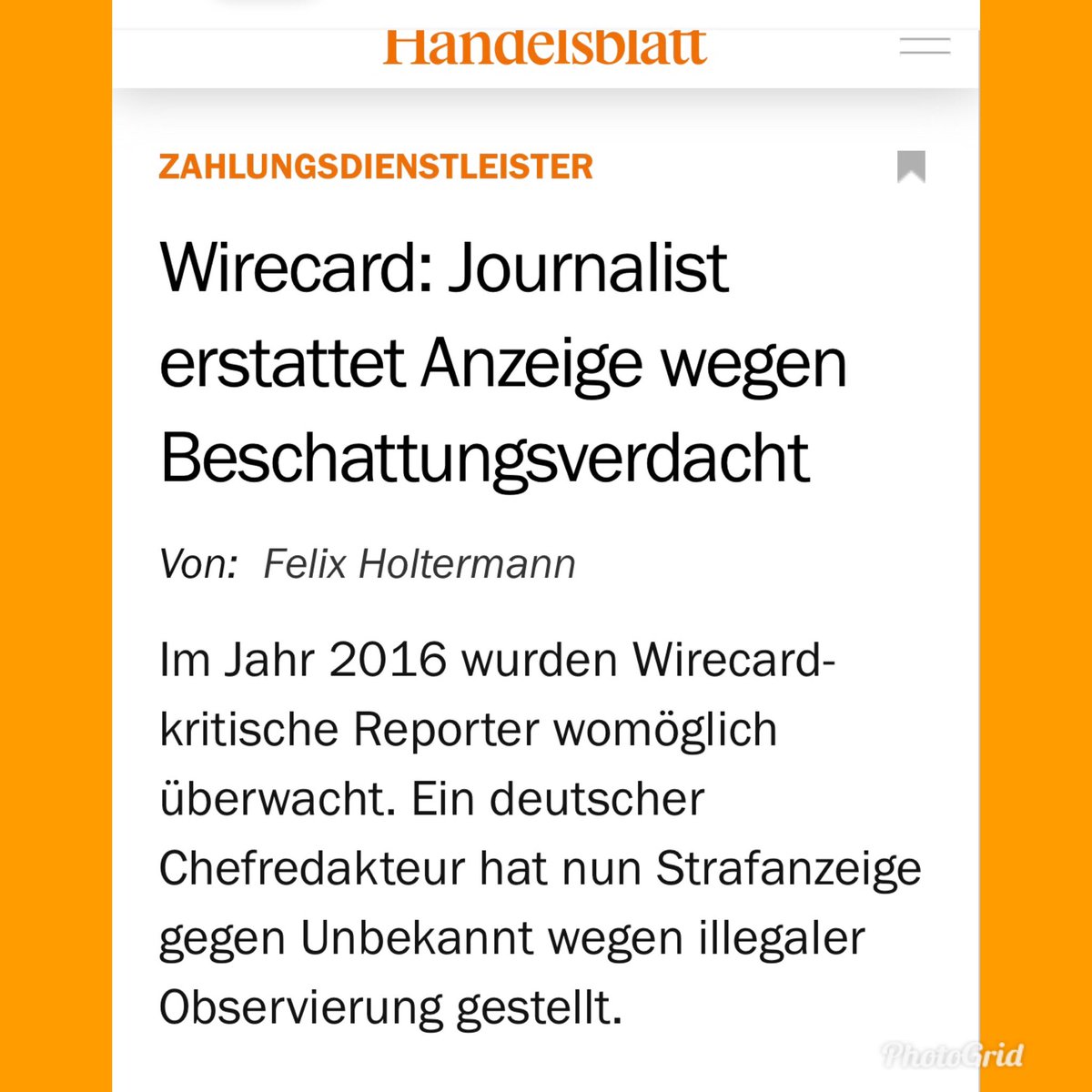 1/6
HOT NEWS👇

GERMAN JOURNALIST Michaël Hedtstück filed criminal charges against unknown after learning that he possibly was a ⚠️TARGET of ILLEGAL SPYING in 2016❗️
(@FT 12.11.19)

An action presumably taken after his «negative» ARTICLES on #Wirecard...🤔🤭

$WDI @derspiegel
