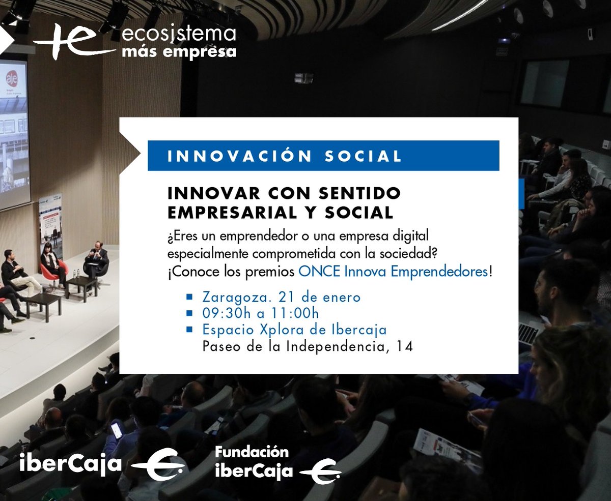 Apúntate a conocer en #Zaragoza de la mano de <a href="/ONCE_oficial/">ONCE</a> sus premios Innova Emprendedores, con <a href="/EcosistemaMas/">Ecosistema MÁS</a> <a href="/ibercaja/">Ibercaja</a> @IbercajaSocial 

Hablaremos sobre cómo innovar con sentido empresarial y social con <a href="/MueveteLibre_ES/">Muévete Libre</a> <a href="/atades/">Ingrid</a> <a href="/navilens/">NaviLens® Empowering the blind and partly-sighted</a> <a href="/amigosEyS/">Empresa&Sociedad</a>⤵️

ecosistemamasempresa.ibercaja.es/agenda/zaragoz…