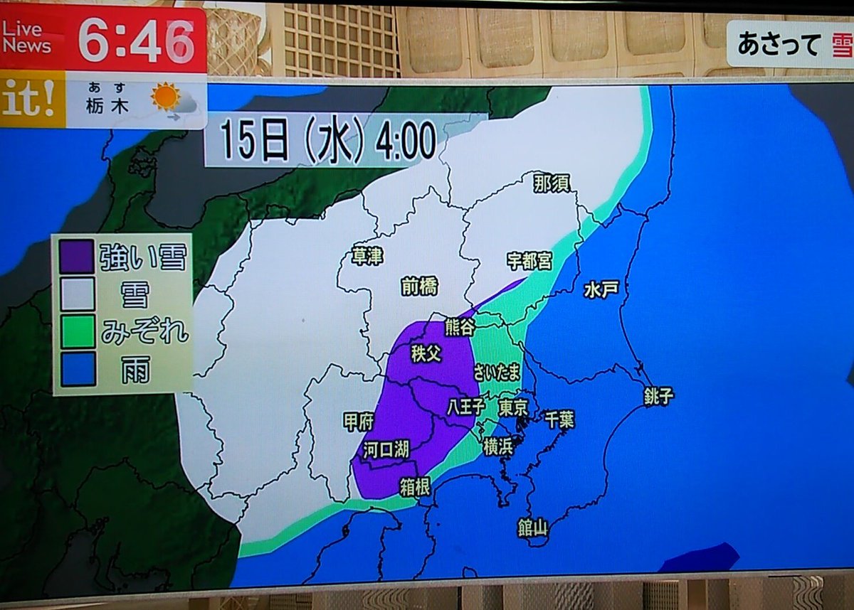 みの En Twitter 水曜日の朝 関東は天気が悪くなり茨城は雨の見通しだけど内陸部は雪マークが 秩父 多摩地区 箱根 甲信越は雪が強く降るところも