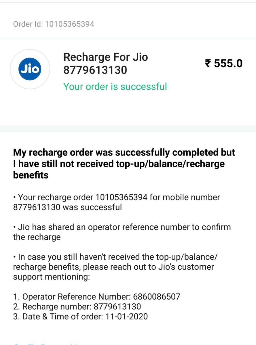 Vijay Dhotre Twitter: "Dear Team Jio @reliancejio, I have done a JIO recharge through @Paytm on 11th Jan but didn't received the benefits. Pls look into and resolve the same. Order
