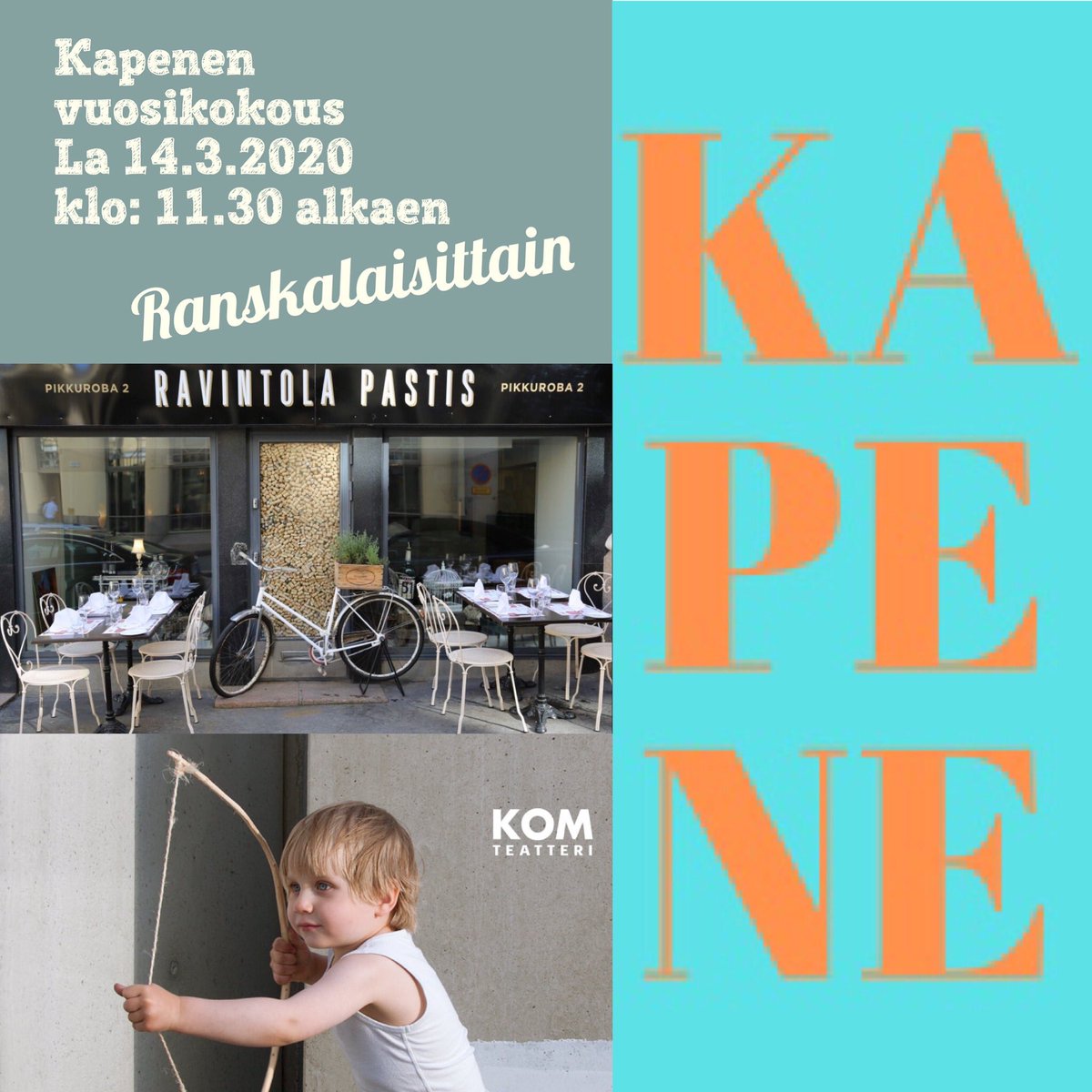 kapenery's tweet photo. Tervetuloa yhdistyksen vuosikokoukseen sekä brunssille &amp; teatteriin
MILLOIN: Lauantaina 14.3.2020
klo: 11.30 alkaen
MISSÄ: Ravintola Pastis, Pieni Roobertinkatu 2, 00130 Helsinki
ILMOITTAUDU: 13.2 mennessä kapene@talentia.fi
OMAVASTUU: 15 euroa FI6041080010384413 https://t.co/A56NGQ8tr5