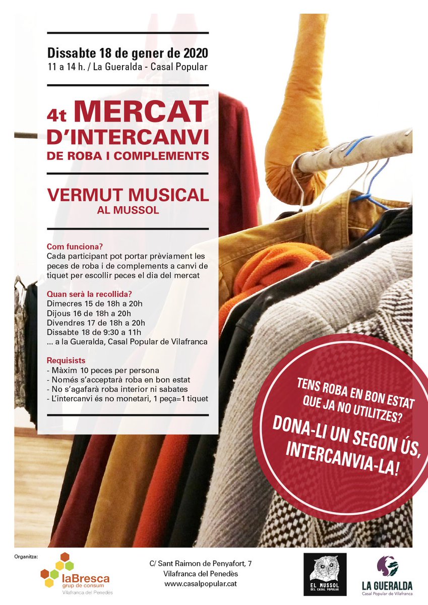 🌟 Aquesta setmana és molt especial, perquè és la setmana del 4t (QUART!) Mercat d'intercanvi de roba i complements 🌟

▶Recordem com funciona:
Durant la setmana (dc, dj, dv i ds a 1a hora) porteu roba i rebreu un tiquet per peça.
Dissabte bescanvieu els tiquets per roba nova!