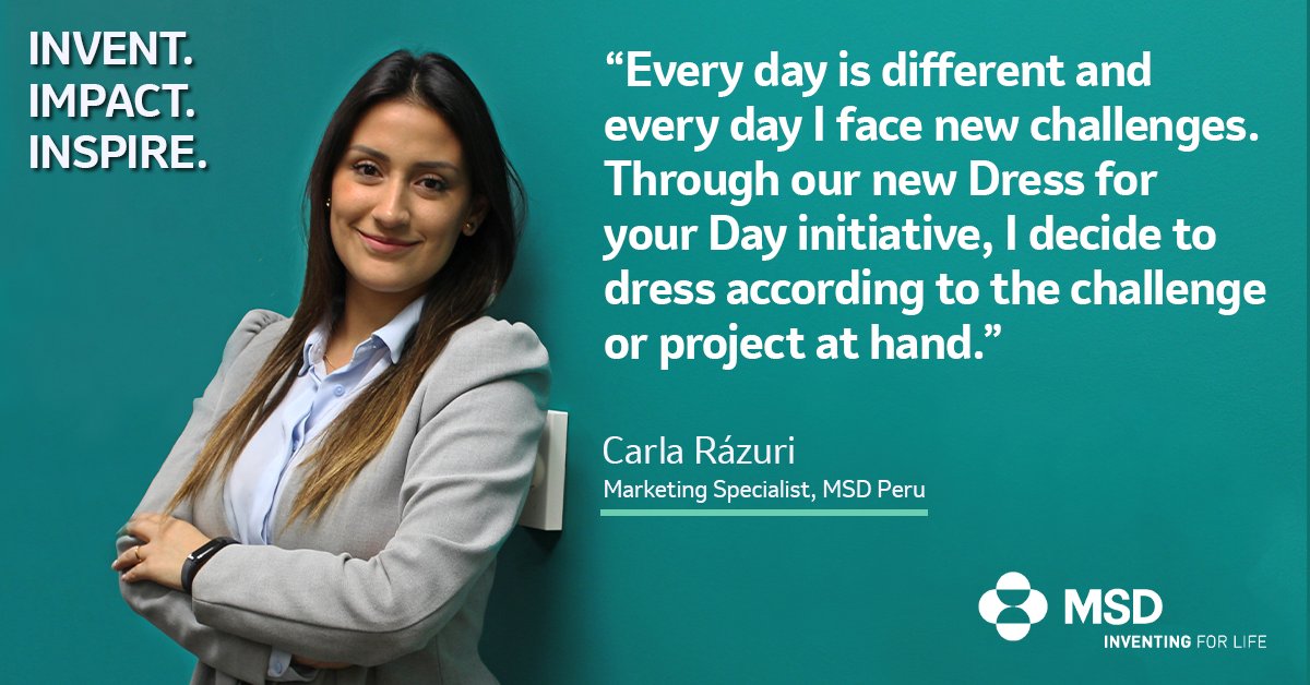 msdcareers's tweet photo. At MSD, our colleagues have the option of dressing comfortably and according to any challenge they have to face. Marketing Specialist, Carla Rázuri shared her experience and how she dresses for success through our #DressForYourDay program. #AtMSDImInspired #MSDPeru #MSDLatAm https://t.co/kpUqHg8ApR