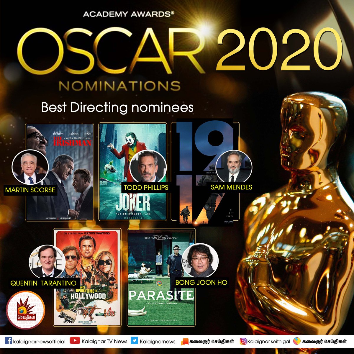 Kalaignarnews's tweet image. ஆஸ்கர் பரிந்துரை பட்டியல்! #BestDirecting 

#OscarNoms #Oscars2020 #Oscars