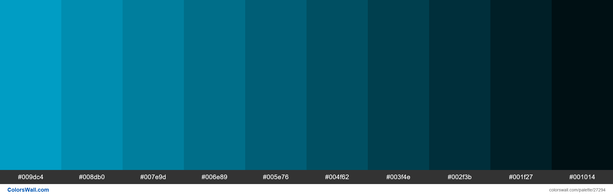 colorswall on X: Shades of Pacific Blue color #009DC4 hex #009dc4,  #008db0, #007e9d, #006e89, #005e76, #004f62, #003f4e, #002f3b, #001f27,  #001014 #colors #palette   /  X