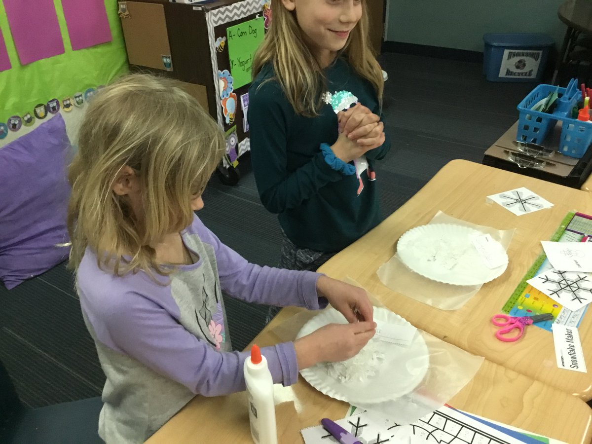 Snow was falling OUTSIDE and INSIDE Mrs. Duval's 2nd grade class with their Mystery Science lesson: Why is snow white? Students made transparent snowflakes, tore them into flakes, stacked them on top of each other to simulate snow! #big3 #OlatheLearningToShare