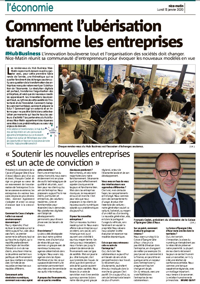 PascaleG_RSE's tweet photo. L'ubérisation transforme les Entreprises. Le @HubMatin propose à différents acteurs du Territoire, dont la @CE_CotedAzur d'en échanger demain lors d'une table ronde. Retrouvez ici l'interview de @FrancoisCodet, Président du Directoire de la #CECAZ https://t.co/SD4M9LG7Wx