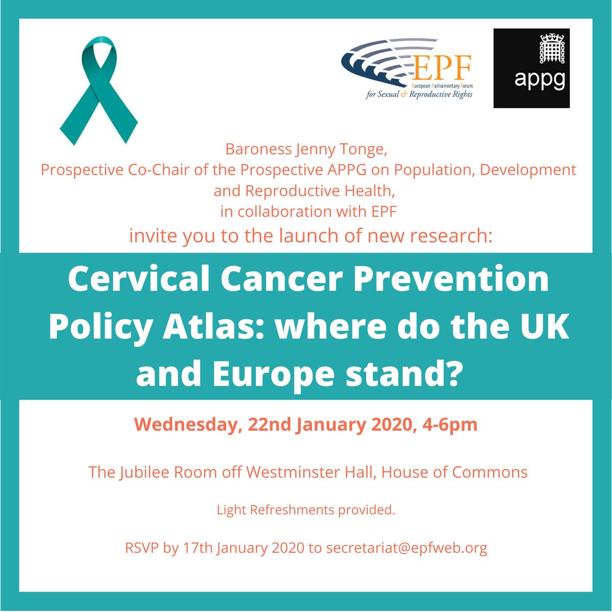EPF_SRR's tweet photo. 📢 You're invited! Next week, EPF &amp; @APPGPopDevRep will be launching  the Cervical Cancer Prevention Policy Atlas - an advocacy tool to build awareness &amp; discussion around the most effective policies &amp; programmes to address the public health challenge of cervical cancer in Europe https://t.co/shwPjXfis3