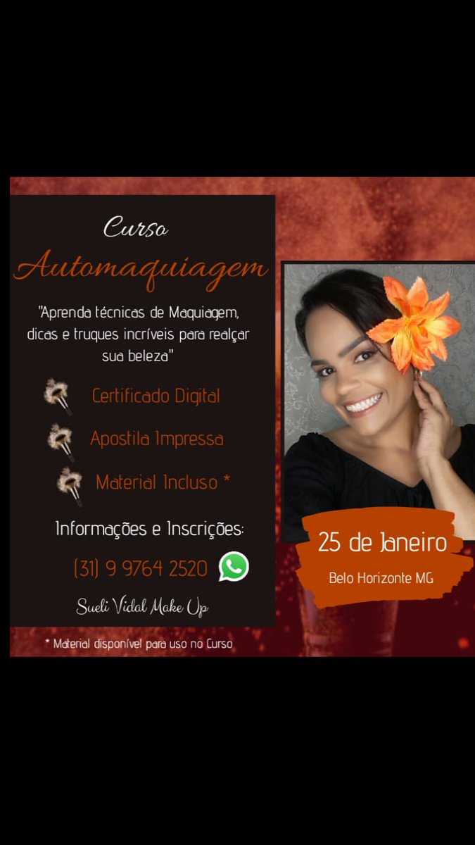 suelimachado37's tweet photo. Curso de Automaquiagem Sueli Vidal Make Up 

25 de Janeiro às 9 hs

Informações e Inscrições:

(31) 9 9764 2520

Vagas limitadas! https://t.co/rTIKXaCWPF
