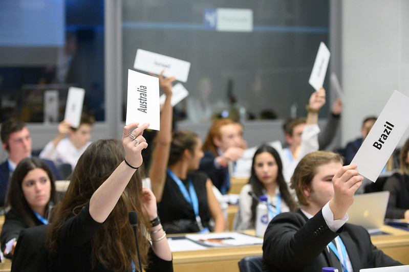 Futurecaster delegates raise their country namecards to address the Floor