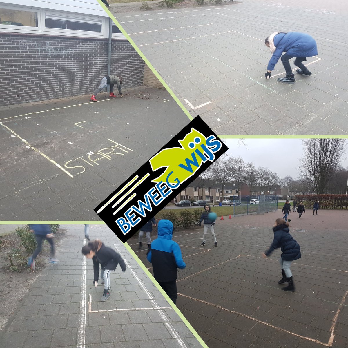 Naast het begeleiden van @BeweegWijs activiteiten, helpen juniorcoaches ook bij het tekenen, klaarzetten en testen van deze spellen. Hier zien we ze in actie op #IKC De Akker in Hengelo (ov)