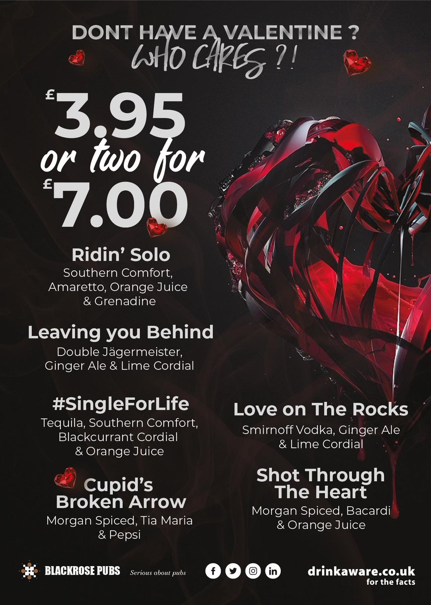 blackrose_pubs's tweet photo. Don't stay home thinking of that ex, join our anti-valentine's Day-themed bash instead. Forget that lonely night you have planned with a bottle of wine &amp; Netflix. Selected sites only.

#BlackrosePubs #Valentines #Happy #Single #Free #LoveYourLocal #DrinkLocal #AntiValentines https://t.co/uNpU5m7LdS