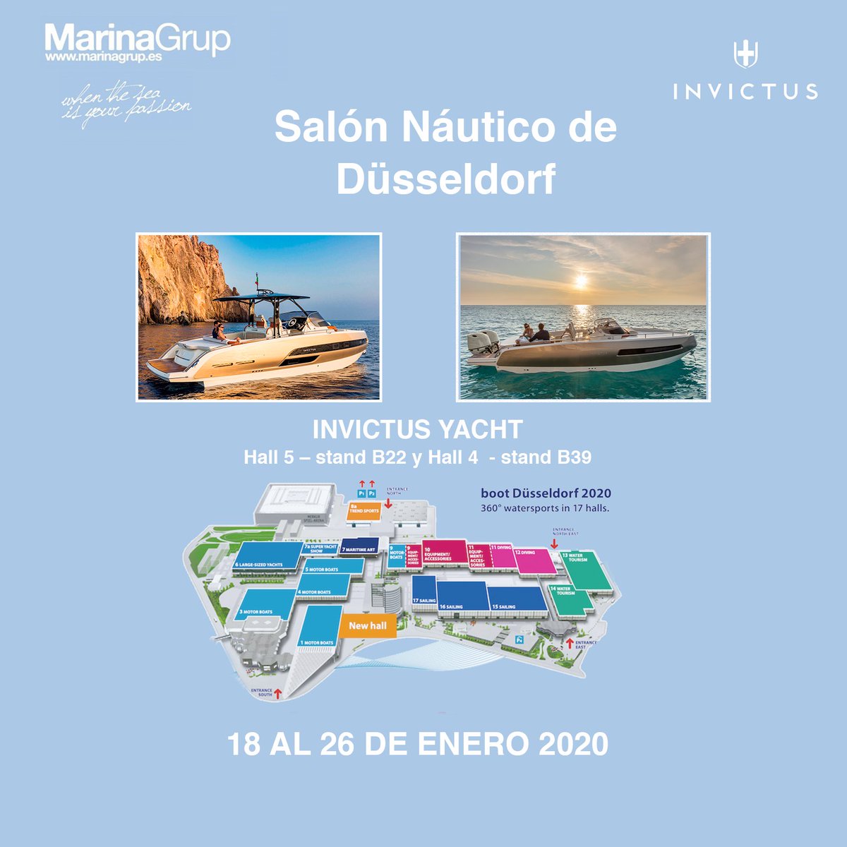 Del 18 al 26 de enero nos podrán encontrar en el Salón Náutico de Düsseldorf.

Nos encontrarán en:
Hall 4 - Stand B39
Hall 5 - Stand B22

Contacta con nosotros si necesitan entradas.

#salonnauticodusseldorf #salonnautico #invictusyacht #marinagrup #marinaportginesta #nauticamar