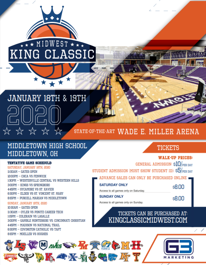 Colerain Men's Basketball will play in the Midwest King Classic at Middletown HS next Sunday vs. LaSalle. Tip off at 1:15pm. Presale tickets can be bought online at:
kingclassicmidwest.com