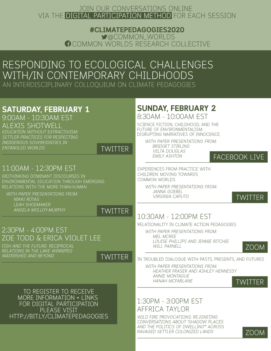 Connect with keynotes + paper sessions through digital participation methods during the Responding to Ecological Challenges with/in Contemporary Childhoods Colloquium. For more info about online participation, please register at bit.ly/climatepedagog… #climatepedagogies2020