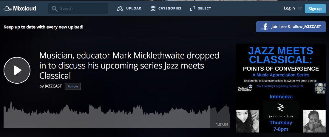 Thanks to @danielwell00 @garveyschild for having me on @JazzcastTO to talk about #JazzMeetsClassical, the upcoming course @the_rcm.

Listen to the conversation on @mixcloud: mixcloud.com/JAZZCAST/music…