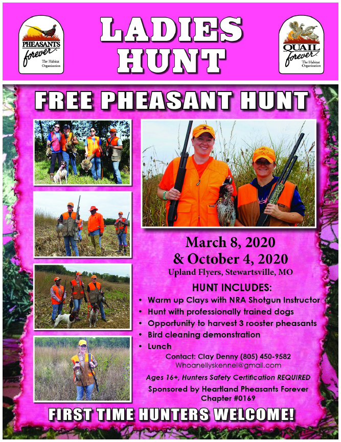 MissouriQF's tweet photo. Calling all ladies! The Heartland Chapter of #pheasantsforever is hosting two FREE women’s #pheasant hunts! This is a great opportunity to experience a #mentoredhunt with trained #birddogs. Open to ladies 16+, #newhunters are welcome! Contact Clay to get registered! https://t.co/2tRzeciNFH