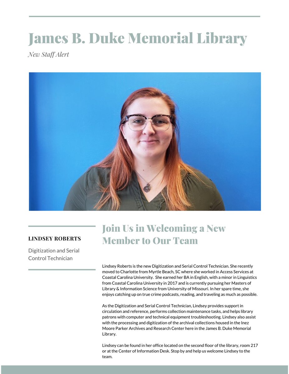 jcsulibrary's tweet photo. New staff alert! Help us welcome Lindsey. #newstaff #jcsulibrary https://t.co/dWy0dwskHC