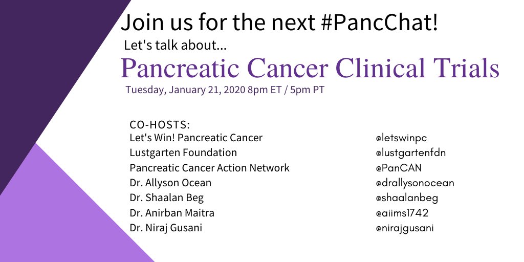 letswinpc's tweet photo. Mark your calendars! #PancChat is Tuesday, January 21 at 8pm ET. We will be chatting about #PancreaticCancer #ClinicalTrials with co-hosts @drallysonocean @Aiims1742 @ShaalanBeg @NirajGusani @lustgartenfdn and @PanCAN. https://t.co/tnbo7LgUMR