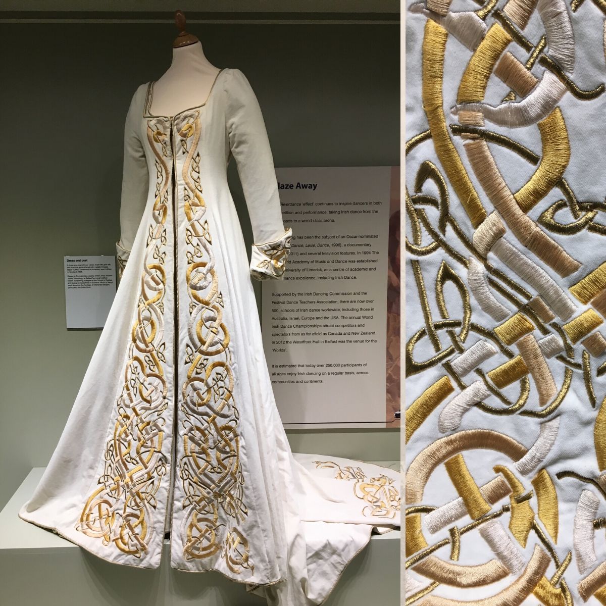 ufm_cultra's tweet photo. This embroidered dress and coat of ivory velvet was made in 2010 by Mary Gristwood. Currently on display @FolkParkOmagh in the exhibition ‘A Step in Time’. The exhibition tells the story of #IrishDance, including styles of embroidery on the costumes. https://t.co/CdtPI4lcFg