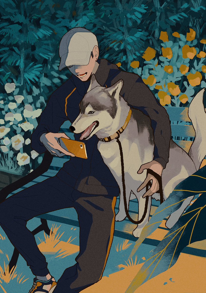 1boy dog holding male focus leash phone pants  illustration images
