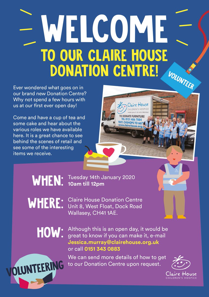 ClaireHouse's tweet photo. Are you interested in #volunteering for Claire House?

Our Donation Center is looking for volunteers and tomorrow they are hosting an Open Day 😄

Come along between 10am and 12pm and hear all about what the team get up to...there will even be CAKE 🍰

#charityshop #volunteer https://t.co/xvLywS0wCp