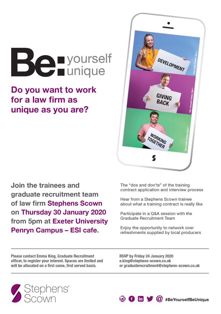 StephensScown's tweet photo. Do you want to work for a law firm as unique as you are?

Come and say hello at our information evening!

📅 30th January
🕔 5pm
📍 @UniofExeter Penryn Campus - ESI Cafe

Register your interest here 👇 

#Cornwall #Truro #StAustell #Graduates #Recruitment #BeYourselfBeUnique https://t.co/4iA6ya5UrE