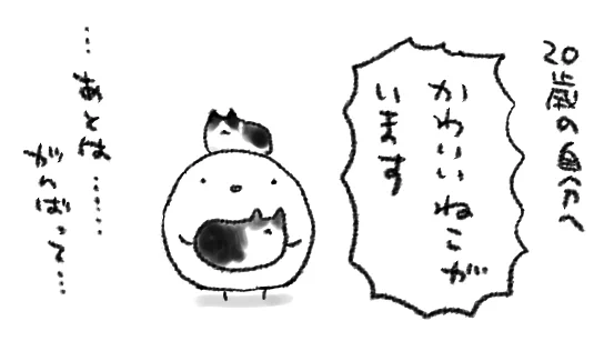 新成人のことを考える時「20歳かあなんでもできるな」と思ってしまうけど、自分の20歳当時は「もう20歳か…もうだめだ…」と思っていたので、20歳の自分に「だいじょうぶ…だめの方向性がちがうだけでもっとだめになるし…だめなりに満足なくらしだよ…」と猫をそっと掲げて語り掛けたい 