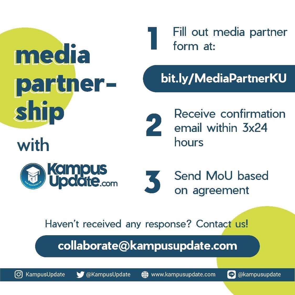 KampusUpdate's tweet photo. Media Partnership is one of the best ways to promote your events!
For the flow of the Media Partnership with Kampus Update kindly see the poster!
Fill out media partner form at https://t.co/xc7H2k2koY
#KUMediaPartner
Manage Comments https://t.co/bkTYnlsxmb