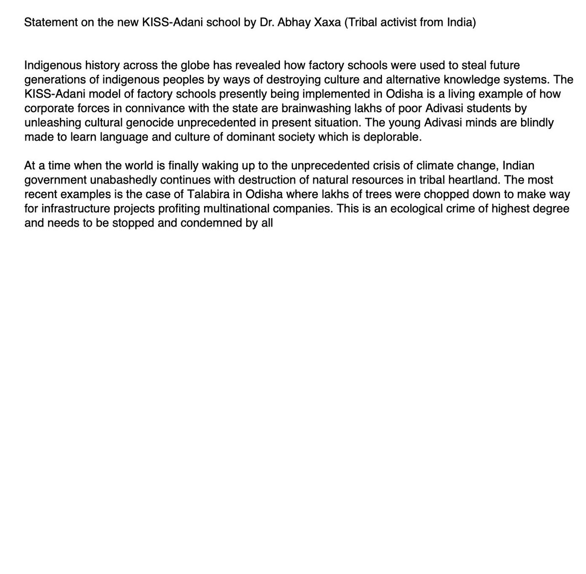 Leading Indian tribal rights activist <a href="/abhayfxaxa/">Dr.Abhay Xaxa</a> has released this statement about the new #factoryschool set up by notorious miners Adani corp and the people behind the world's biggest residential school – it's "stealing future generations."

svlint.org/factoryschools