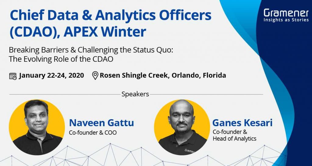 Are you a Senior #Data &amp; #Analytics leader discovering solutions to the current challenges at your org?

Meet leaders from the spectrum at #CDAOApex winter 2020 event on 22-24 Jan in #Orlando &amp; gain insights to implement at your org.

More details: blog.gramener.com/gramener-atten…