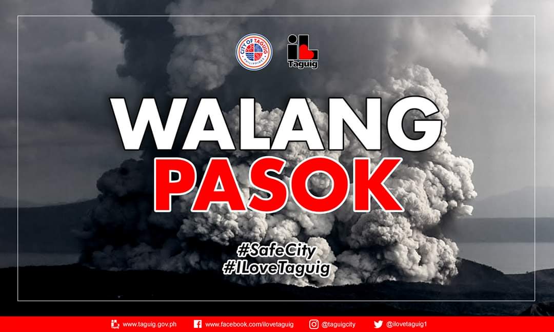 IloveTaguig1's tweet photo. #WalangPasok Advisory
Because of this condition which continue to pose health &amp; safety hazards to the public,the Taguig City govt. is SUSPENDING CLASSES in ALL LEVELS (BOTH PUBLIC &amp; PRIVATE schools) TOMORROW,JAN.14,2020, TUESDAY in Taguig City.

Manatili tayong ligtas,Taguig! https://t.co/Amxj0vTFCJ