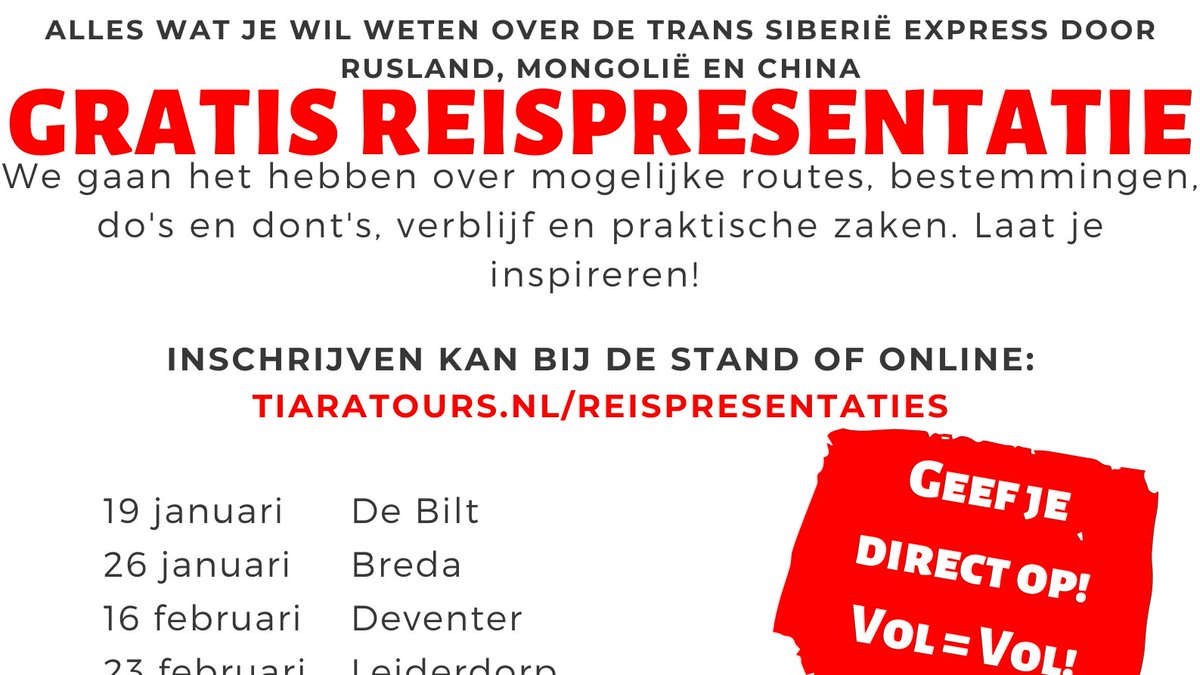 🚂Denk jij er aan om de Trans Siberië/Mongolië Express af te leggen? Kom naar één van onze gratis reispresentaties! 
tiaratours.nl/reispresentati…

#reizen #transmongolieexpress #tmo #transsiberieexpress #Rusland #Mongolië #China #avontuur #reisorganisatie #vakantiebeurs #tiaratours
