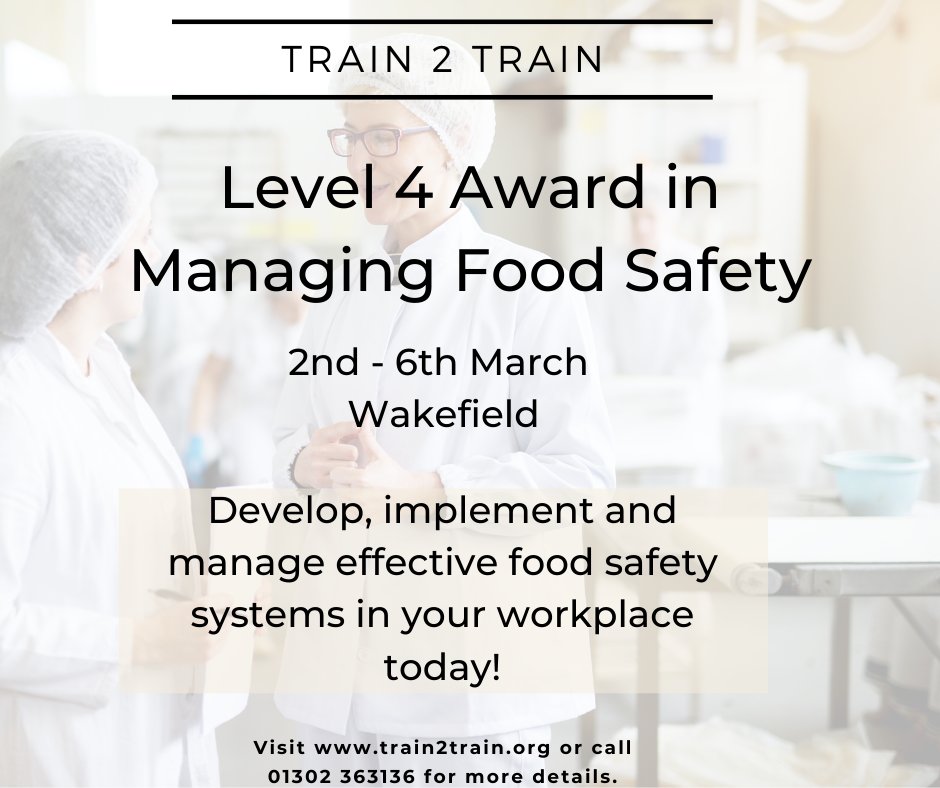 Are you a manager or a supervisor within the food manufacturing, catering or retail environment? If so, the Highfield Level 4 Food Safety course is for you! 

* Spaces filling fast! *

#foodsafety #wakefield #managingfoodsafely #training