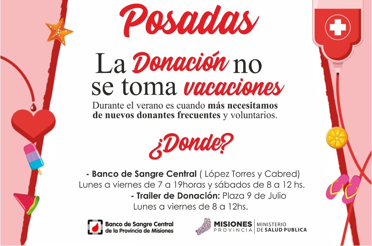 BSCMnes's tweet photo. Este verano convertite en héroe, Doná Vida, Doná Sangre ❤️
 ➡️Te esperamos en el Banco de Sangre Central de Misiones  y en el Trailer de Hemodonación en la Plaza 9 de Julio de Posadas 
@herrerayflia @SaludMisiones  @gobmisiones @MinistroAlarcon @RICHMALAN https://t.co/qizCoKwIjG