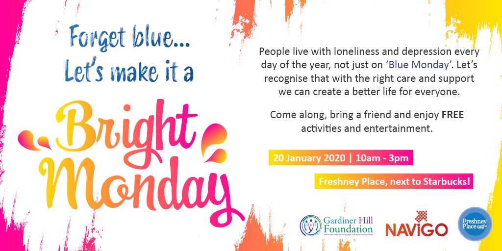 navigocare's tweet photo. Next Monday might be the dreaded #BlueMonday, but we're making it a #BrightBlueMonday! ๐
Join us at @Freshney_Place_ for loads of activities and entertainment, along with signposting to services which help with loneliness and depression throughout the year. https://t.co/U6tyZuPfAa
