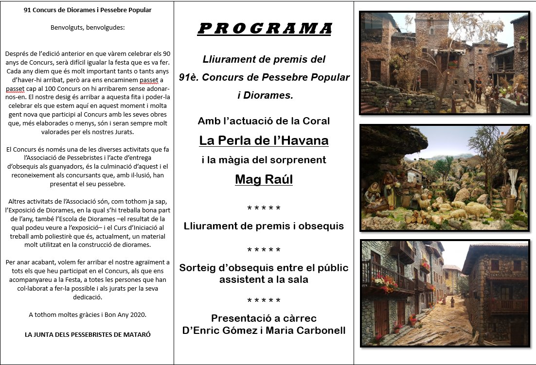 pessebresmataro's tweet photo. I ELS GUANYADORS DEL 91è CONCURS PÚBLIC DE PESSEBRE POPULAR I DIORAMA 2019 SON ....
Al blog coneixeràs el veredicte! https://t.co/2vAyPbkmyZ
El 26 de gener del 2020 es lliuren els premis: #fomentmatarorí - c/ Nou a 2/4 de 12 del migdia.
Mira el #programafesta!
#escoladediorames https://t.co/3ETSmSR571
