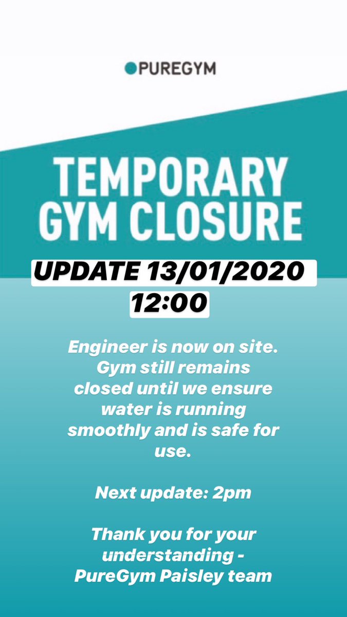12pm UPDATE on PureGym Paisley. Next update due 2pm. PureGym Paisley team!