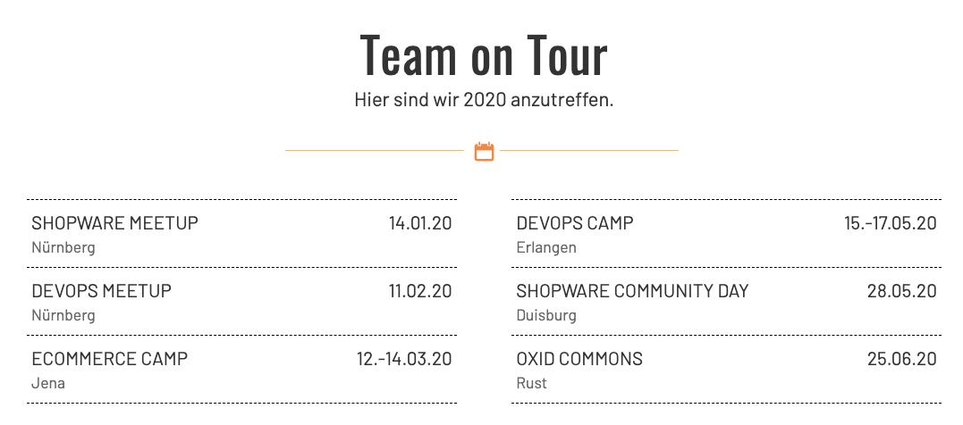 proudcommerce's tweet photo. Wir haben unseren Eventkalender aktualisiert und freuen uns im ersten Halbjahr auf das @ecomcamp Jena, den @shopware Community Day 2020 in Duisburg, das @devops_camp in Erlangen und die @OXID_eSales Commons im Europapark Rust. #eccj20 #scd20 #dvoc20 #oxcom20 https://t.co/aWq1cNWDpD