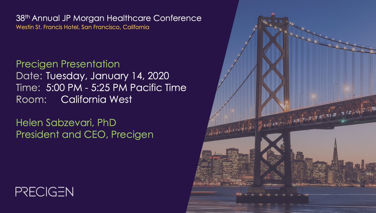 Precigen's tweet image. Join Dr. Helen Sabzevari, President and CEO of Precigen, at #JPM20 for her presentation on Precigen’s progress and a 2020 look ahead. #GeneTherapy #CellTherapy #Immunotherapy #Biotech #Maryland $XON bit.ly/2QMuOWK