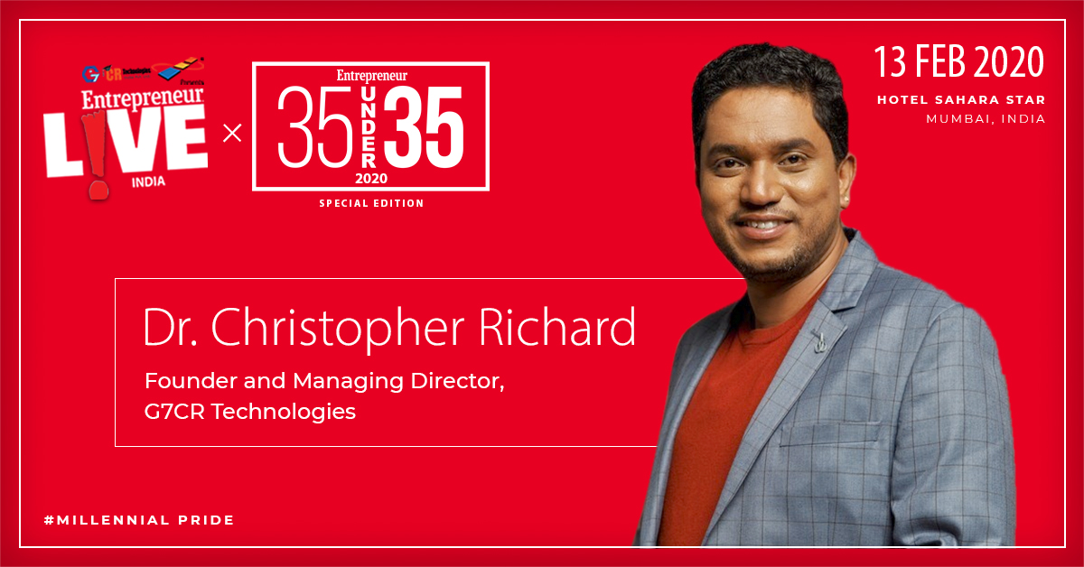 EntrepreneurAPJ's tweet photo. Hear Dr. Christopher Richard, Founder and Managing Director at G7CR Technologies (@G7CRtech) at Entrepreneur Live India x 35 under 35 sharing his views and tips on #entrepreneurship. Book your tickets now at https://t.co/4EvJ8ohZ8N
#EliveIndia2020 #35under35 #MillennialPride https://t.co/xXXWYKDc77