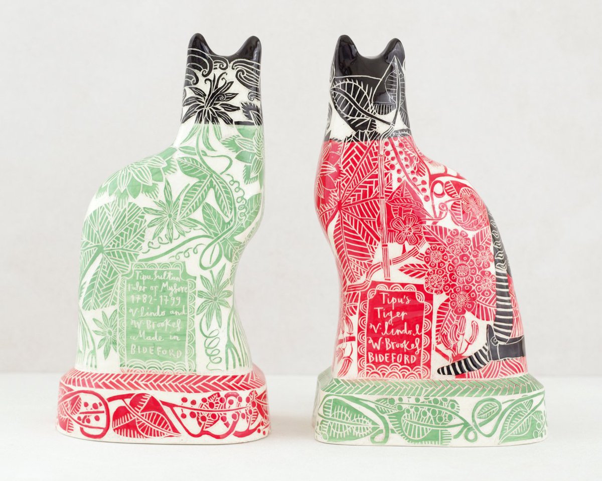 vicky_lindo's tweet photo. Tipu's Tiger and Tipu Sultan cats inspired by some treasures from the @V_and_A . #tipustiger #tipusultan #illustratedceramics #sgraffito #sgraffitopottery #ceramiccats https://t.co/lV3L6UcDbE