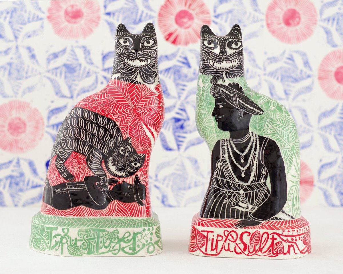 vicky_lindo's tweet photo. Tipu's Tiger and Tipu Sultan cats inspired by some treasures from the @V_and_A . #tipustiger #tipusultan #illustratedceramics #sgraffito #sgraffitopottery #ceramiccats https://t.co/lV3L6UcDbE